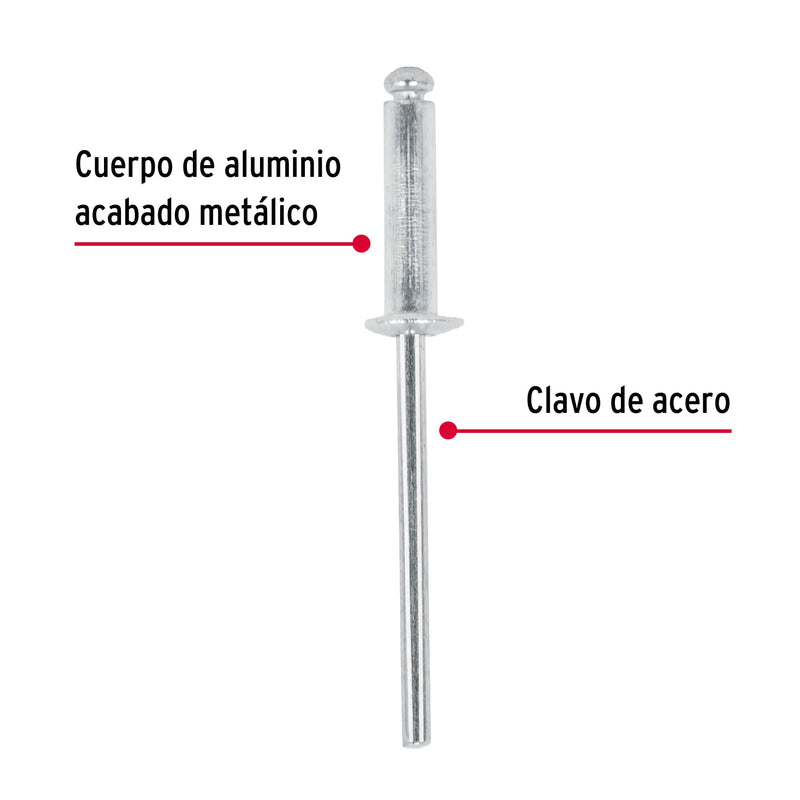 Bolsa con 50 remaches 1/8" x 5/16" de aluminio,  ala 1/4"