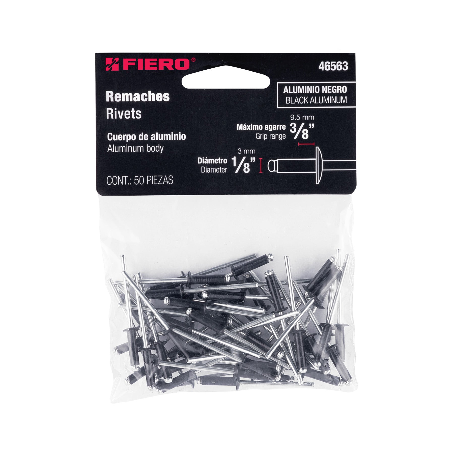 Bolsa con 50 remaches 1/8"x3/8" negros de aluminio, ala 1/4"
