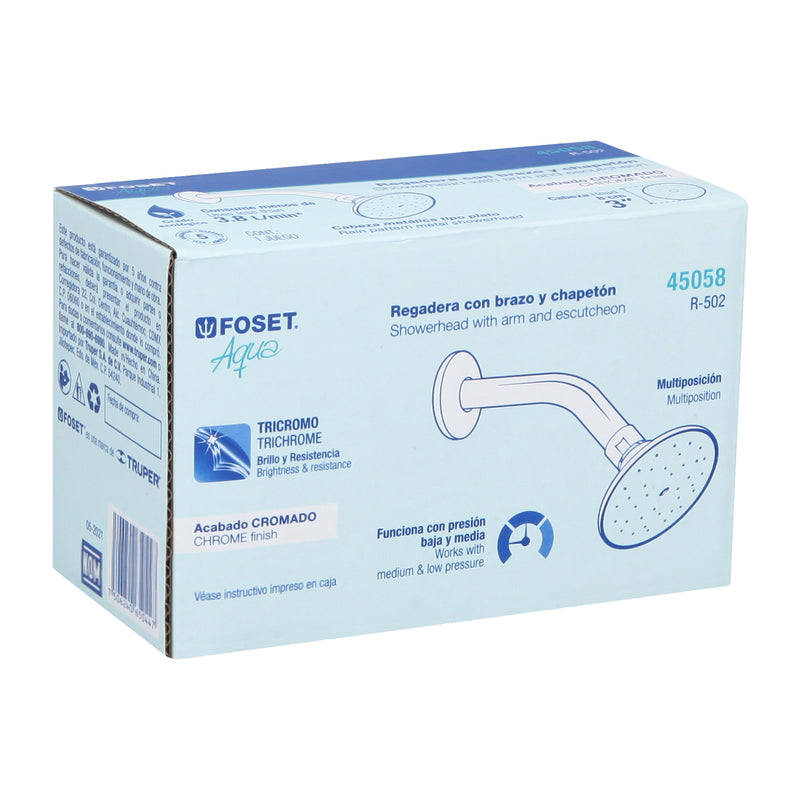Regadera redonda 3" brazo y chapetón de acero,  Foset Aqua