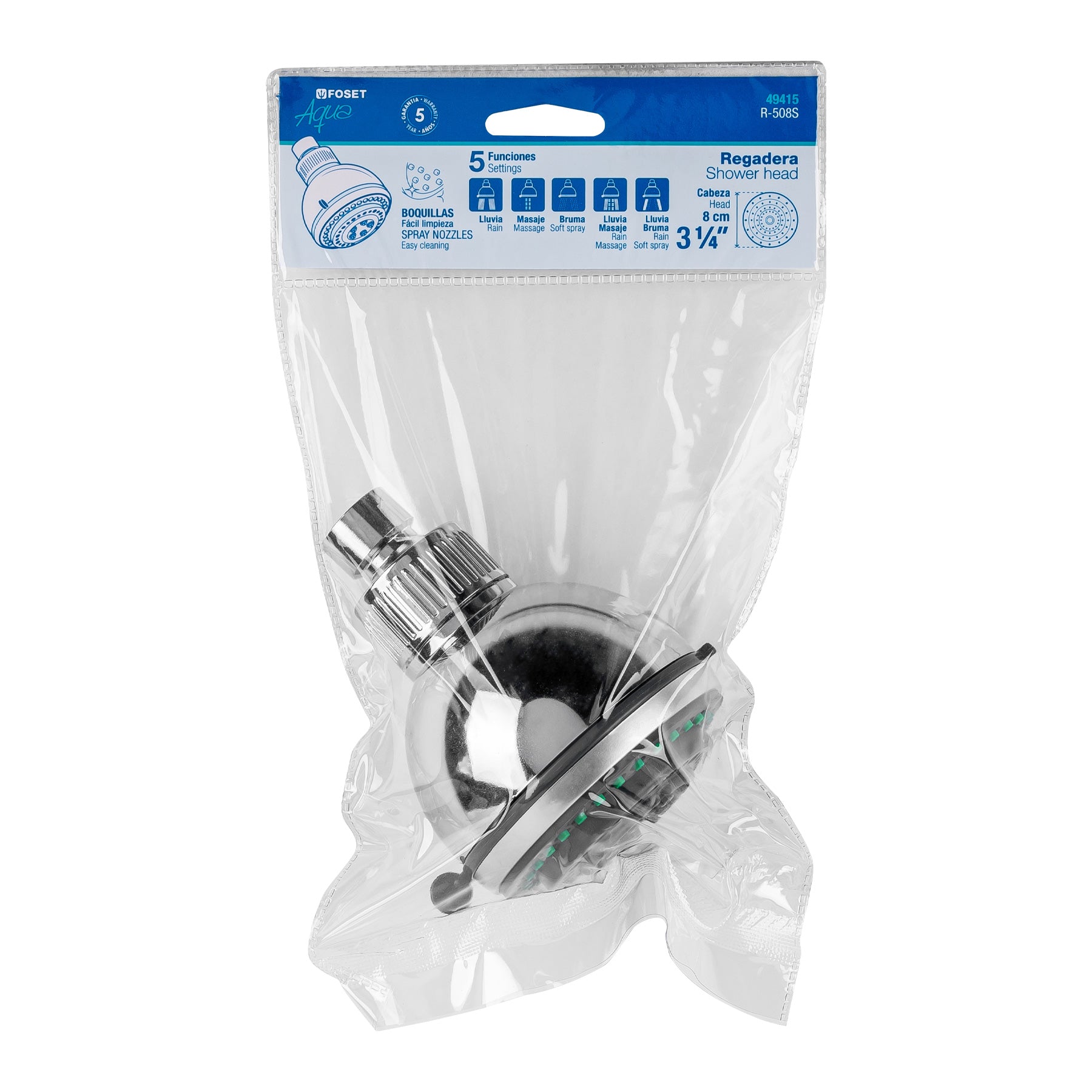 Regadera redonda de ABS 3", 5 funciones, sin brazo, Aqua