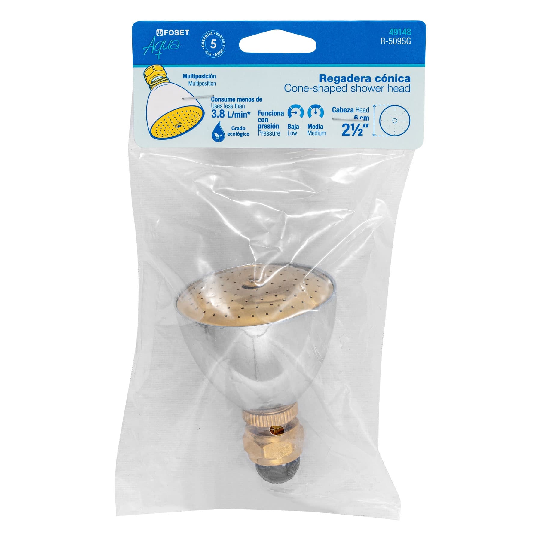 Regadera cónica 2-1/2" cromo-oro sin brazo, Foset Aqua