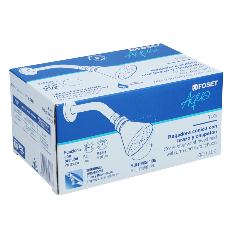 Regadera cónica 2-1/2" brazo y chapetón de acero,  Foset Aqua