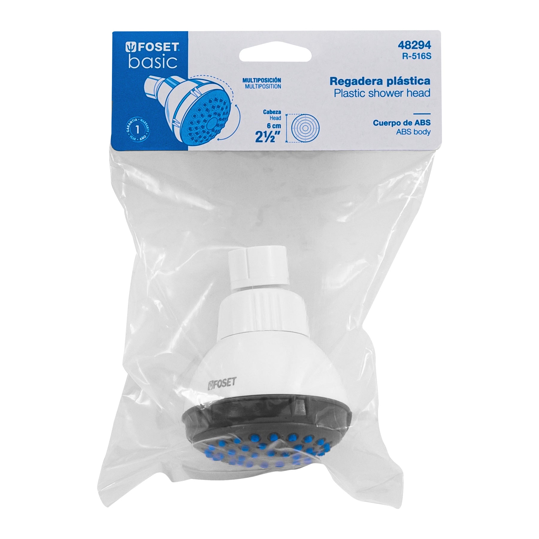 Regadera redonda de ABS 2-1/2" gris-blanca sin brazo, Basic