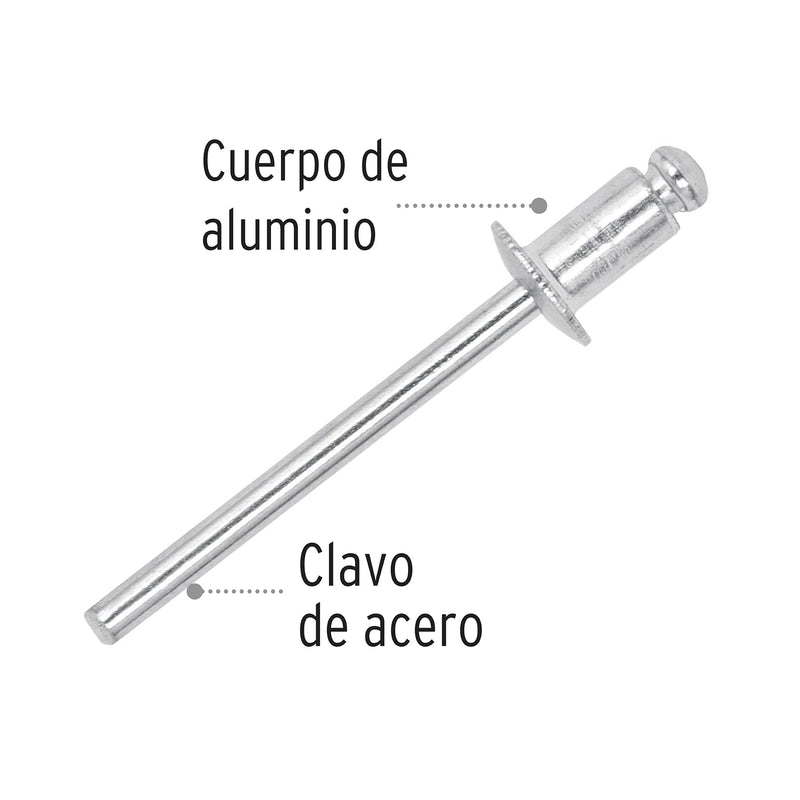 Bolsa con 50 remaches 5/32" x 1/8" de aluminio,  ala 5/16"