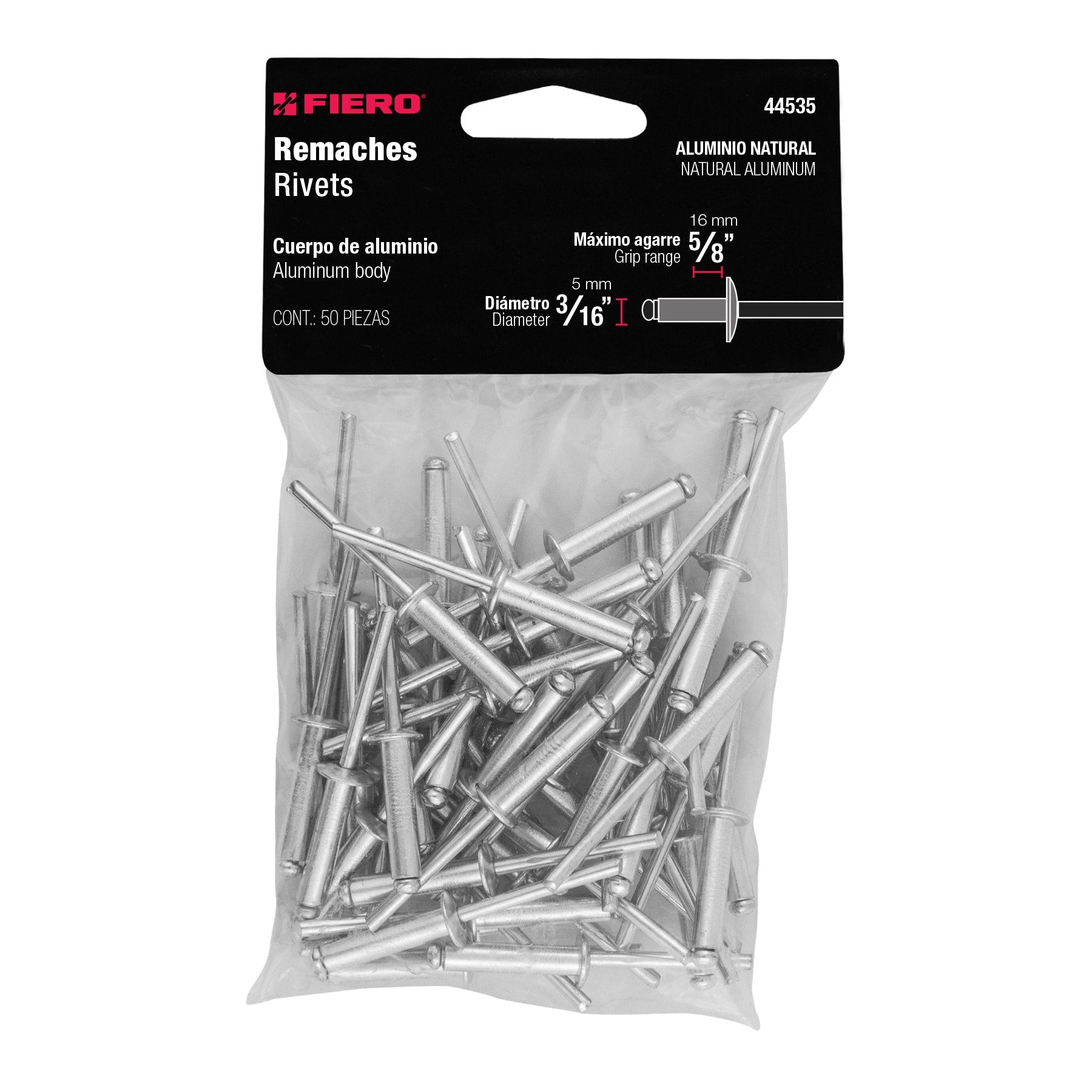 Bolsa con 50 remaches 3/16" x 5/8" de aluminio, ala 3/8"