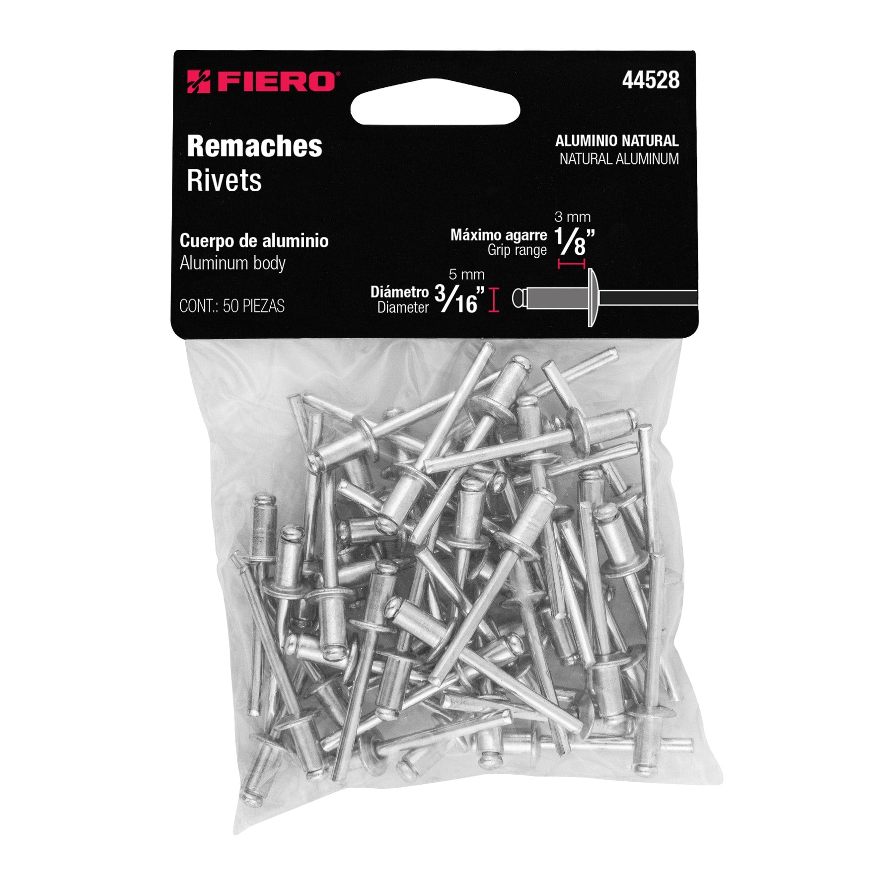 Bolsa con 50 remaches 3/16" x 1/8" de aluminio, ala 3/8"
