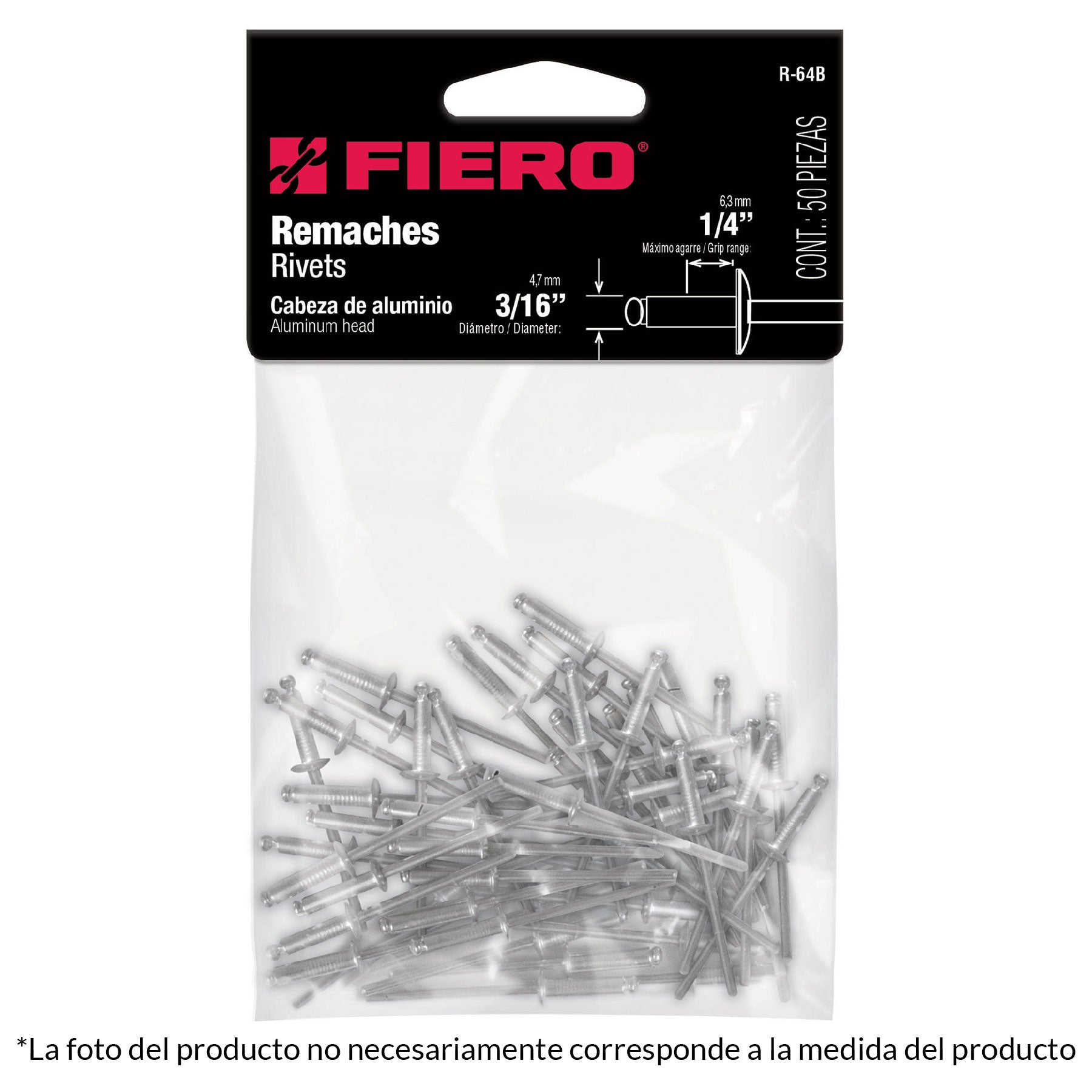 Bolsa con 50 remaches 3/16" x 3/8" de aluminio, ala 17/32"