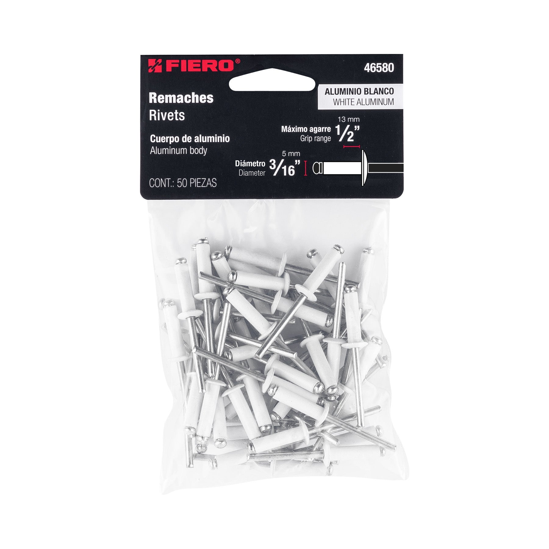 Bolsa con 50 remaches 3/16"x1/2" blancos de aluminio, ala 3/8"