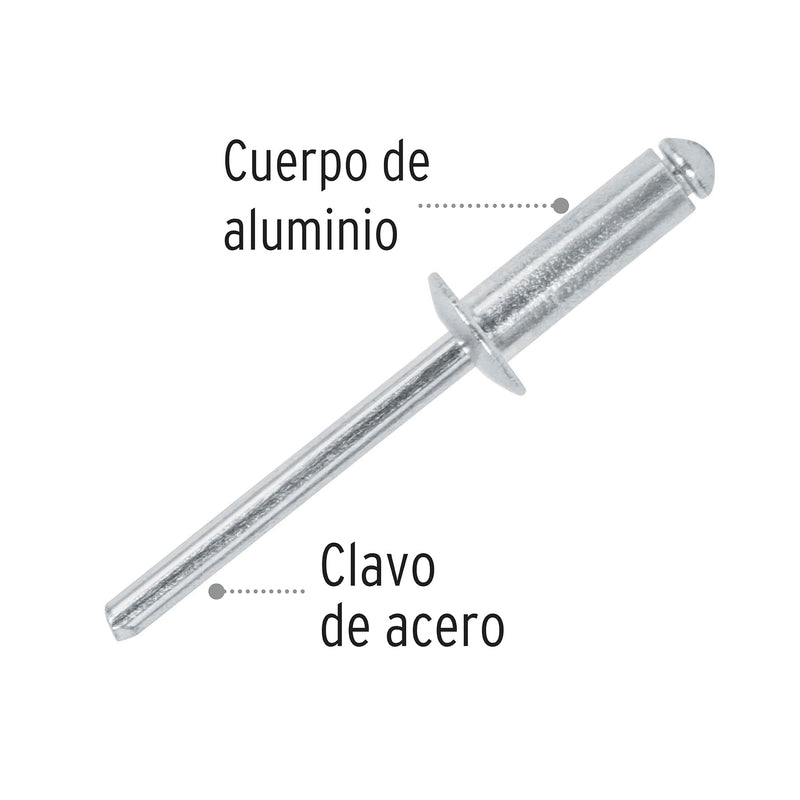 Bolsa con 50 remaches 3/16" x 1/2" de aluminio,  ala 3/8"