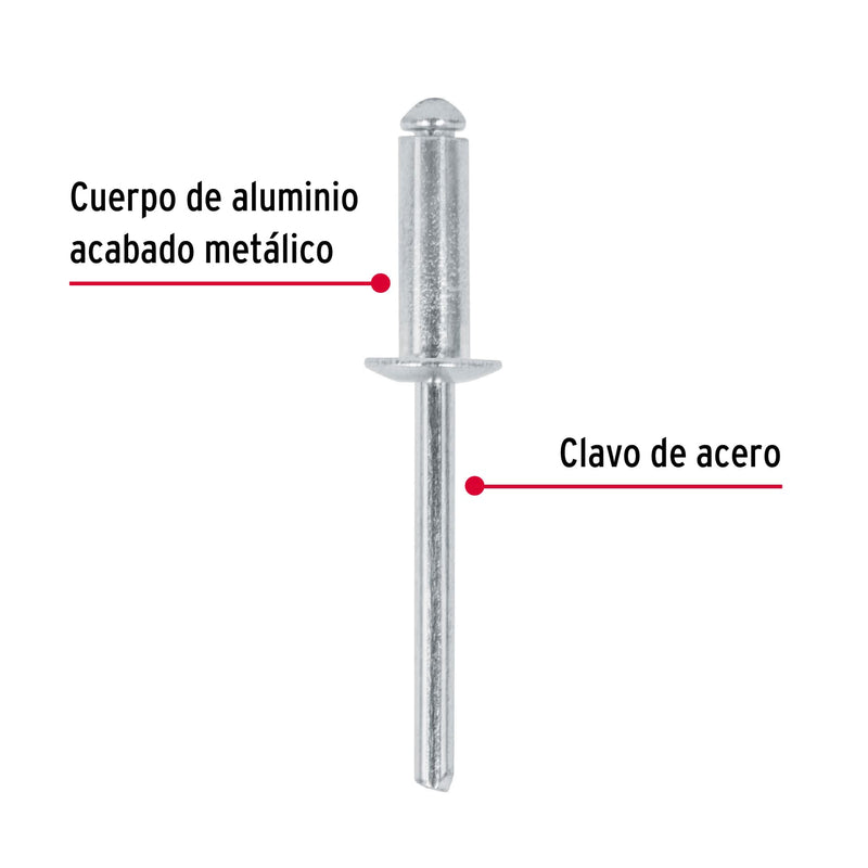 Bolsa con 50 remaches 3/16" x 1/2" de aluminio,  ala 3/8"