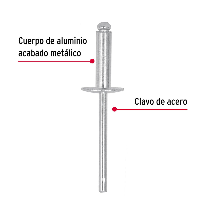 Bolsa con 50 remaches 3/16" x 1/2" de aluminio,  ala 17/32"