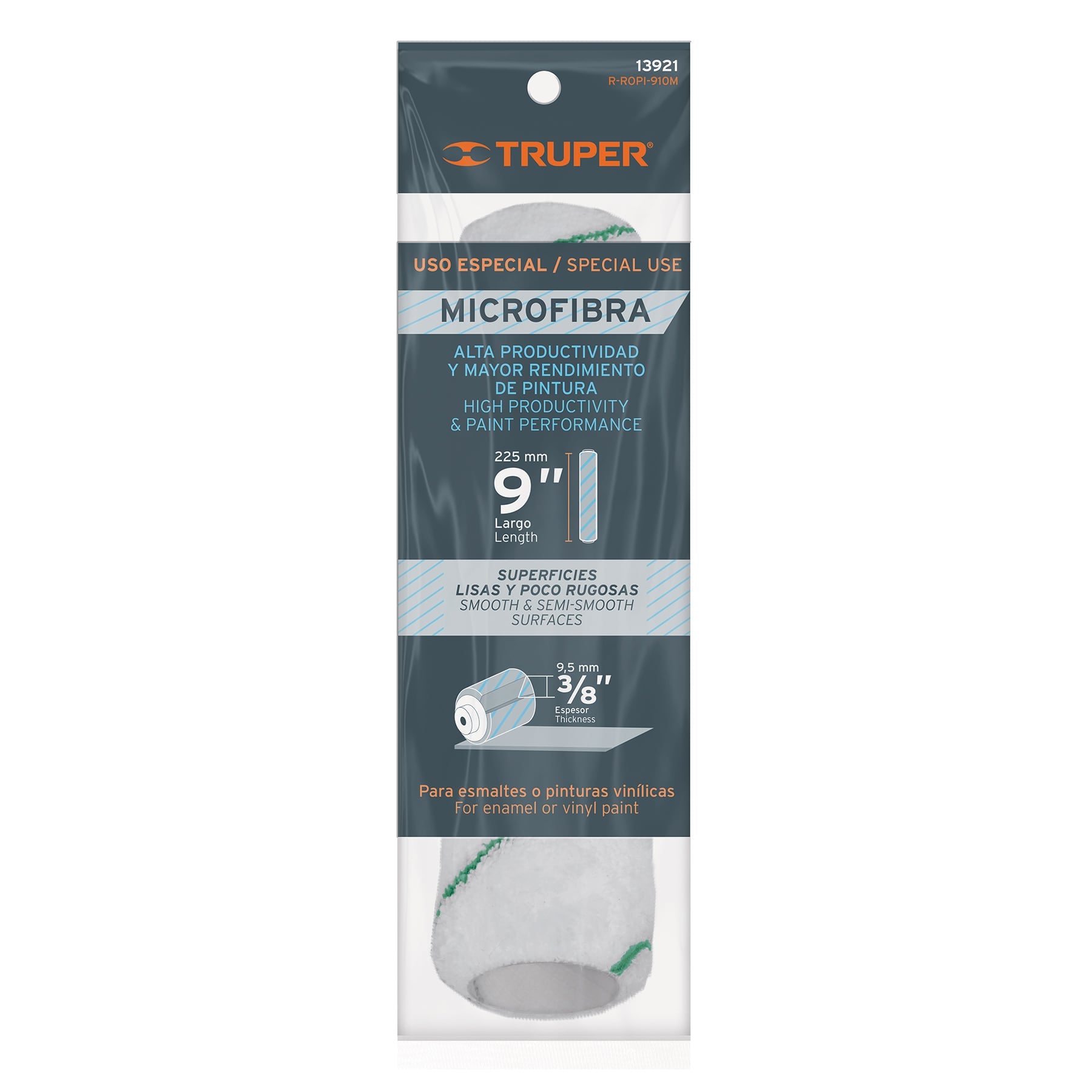 Felpa para rodillo, microfibra 9x3/8", superficies poco rugosas