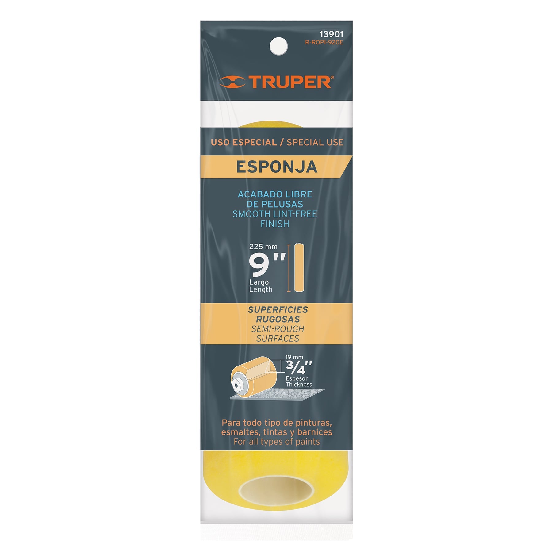 Felpa para rodillo, esponja 9 x 3/4", superficies rugosas