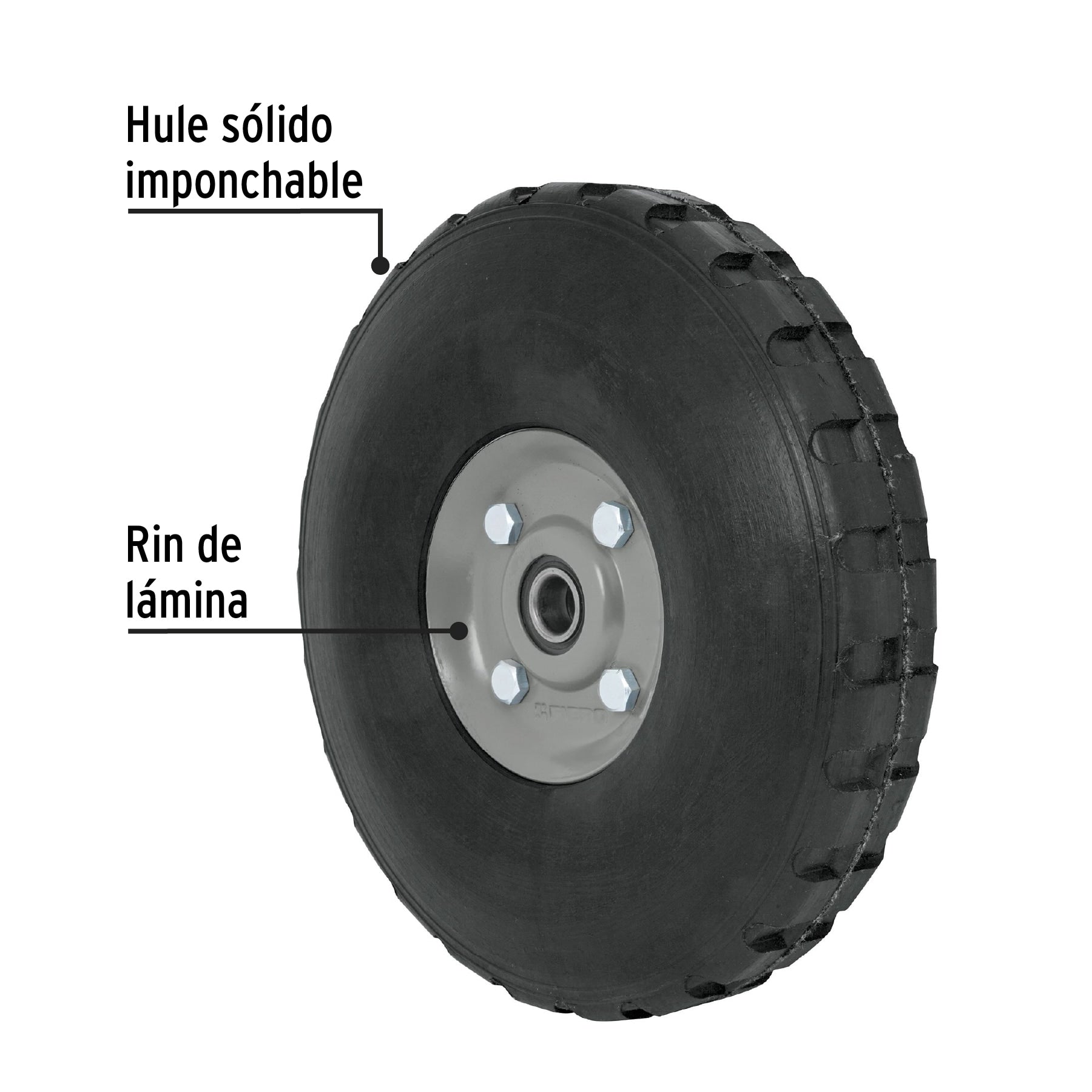 Rueda de hule sólido 10" para diablo, doble balero, Pretul