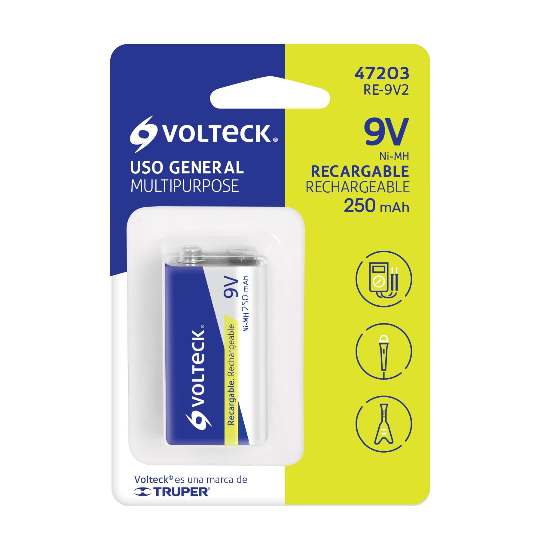 Blíster con 1 pila recargable 9V uso general, 250 mAh