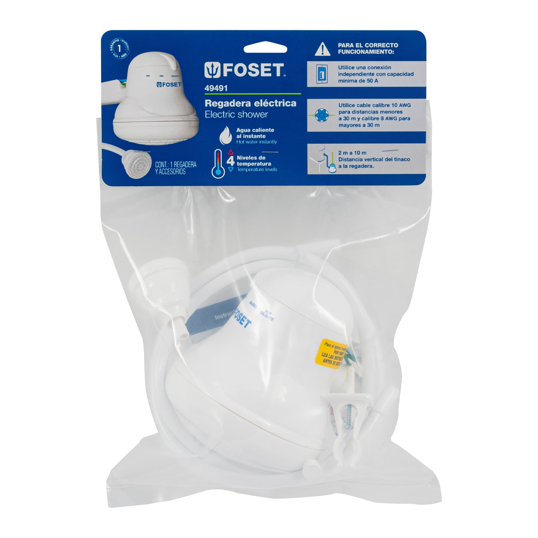 Regadera eléctrica, 4 temperaturas, 14.5cm, blanca, Foset