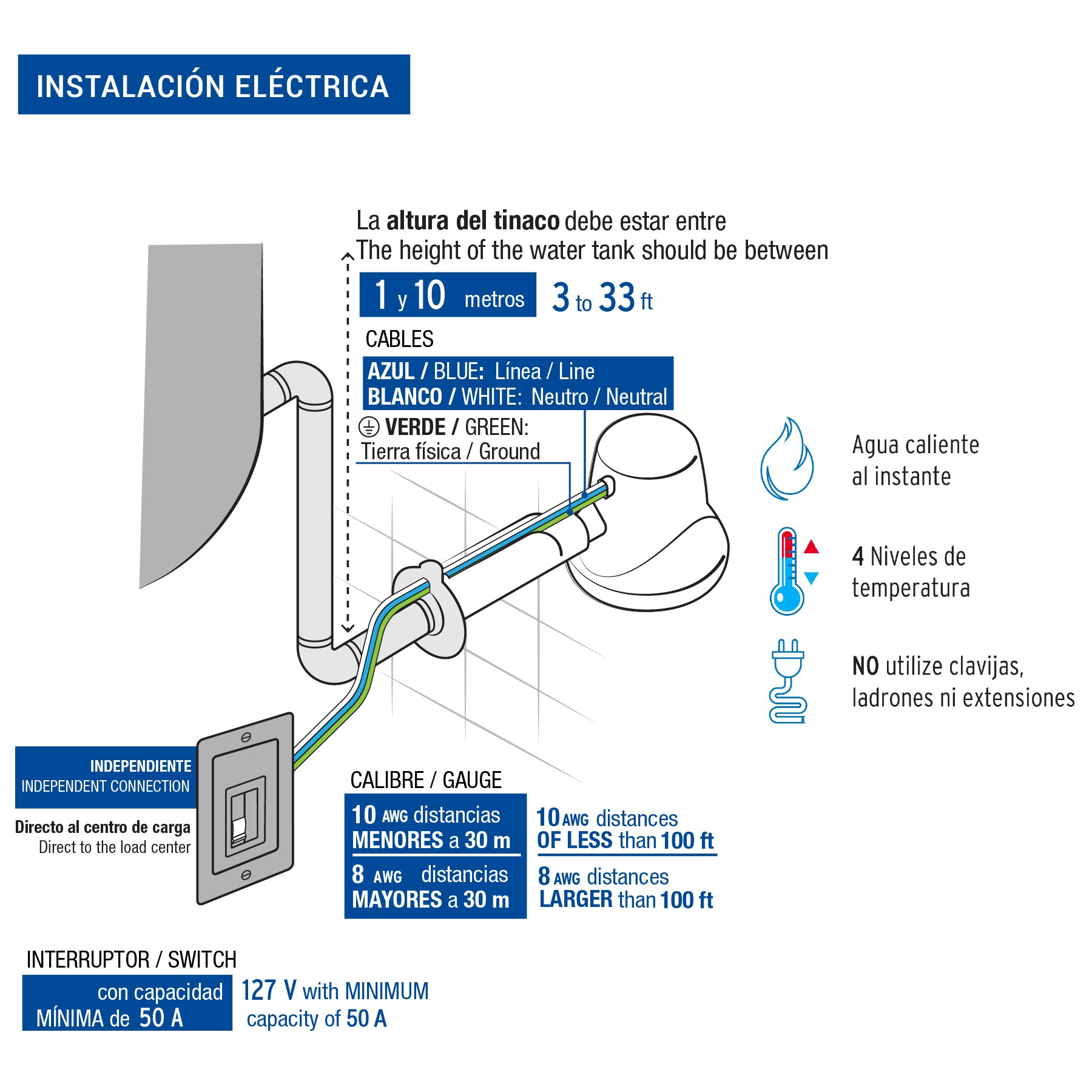 Regadera eléctrica, 4 temperaturas, 16.5cm, azul, Foset