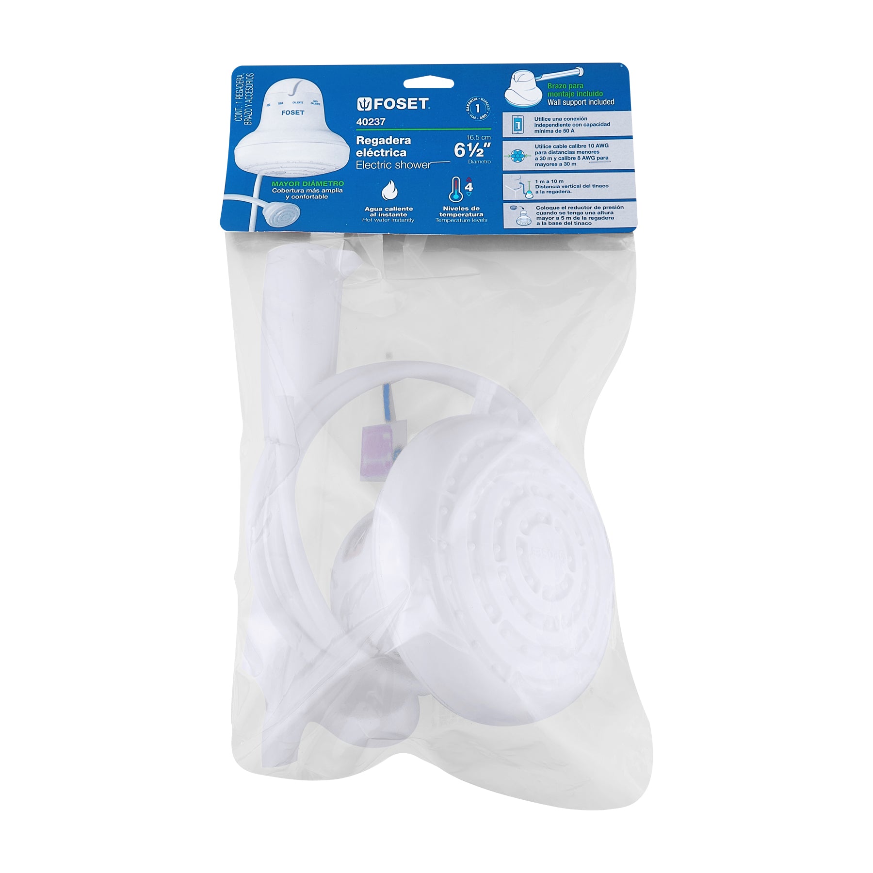 Regadera eléctrica, 4 temperaturas, 16.5cm, blanca, Foset