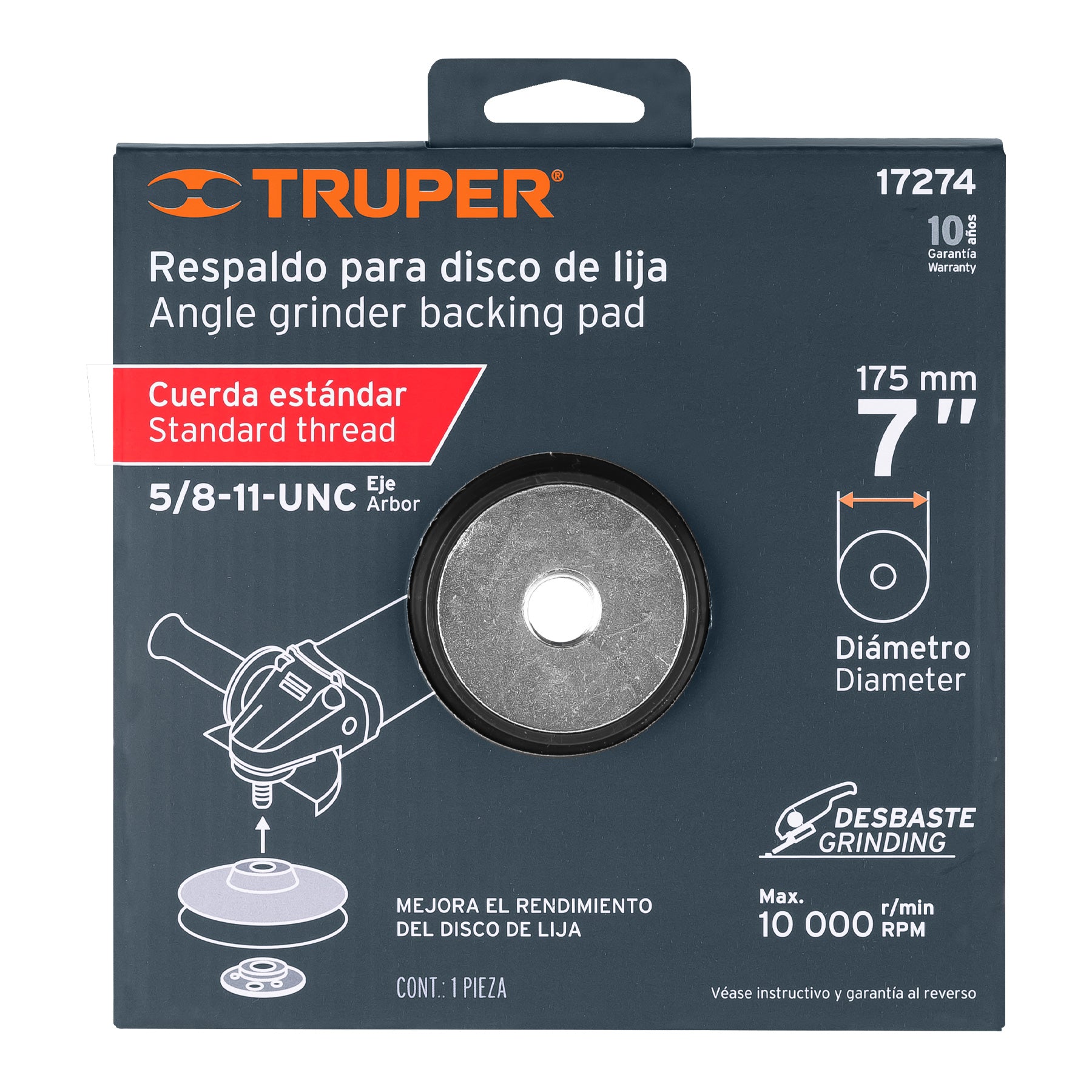 Respaldo para discos de lija 7", eje 5/8, Truper