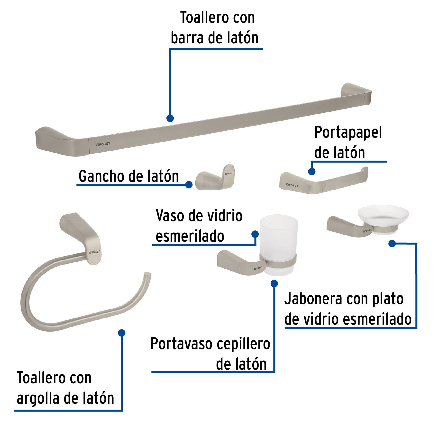 Juego de 6 accesorios para baño acabado satín, Riviera