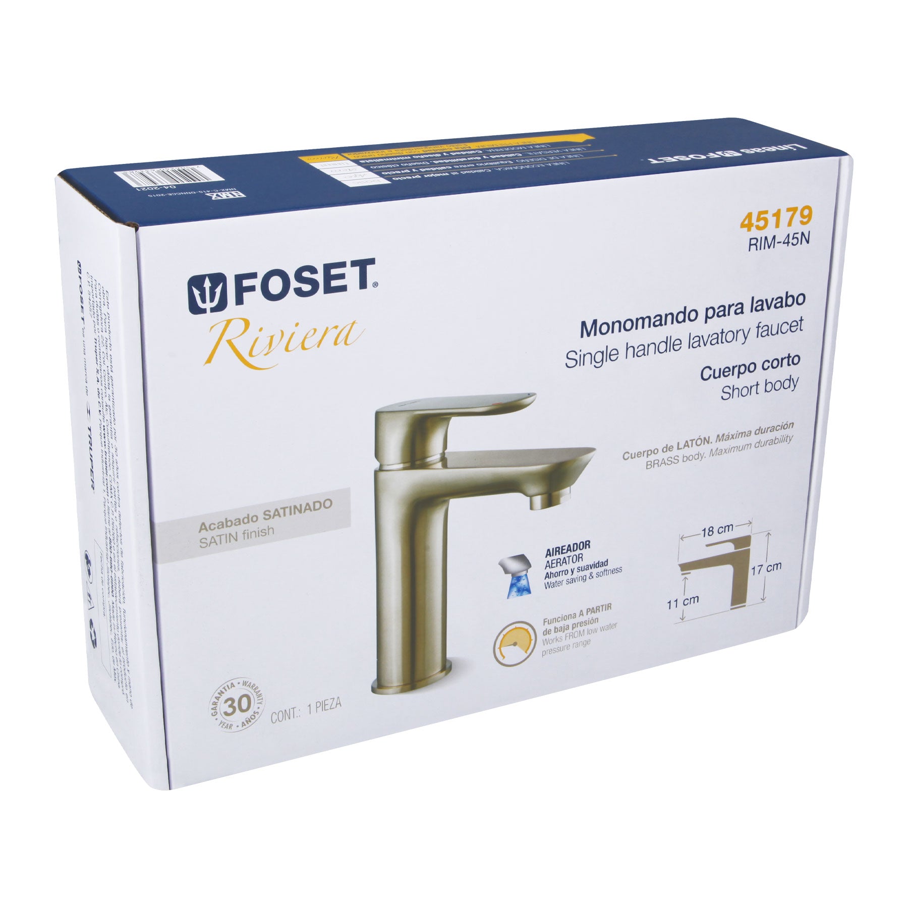 Monomando corto para lavabo, satín, Foset RIVIERA