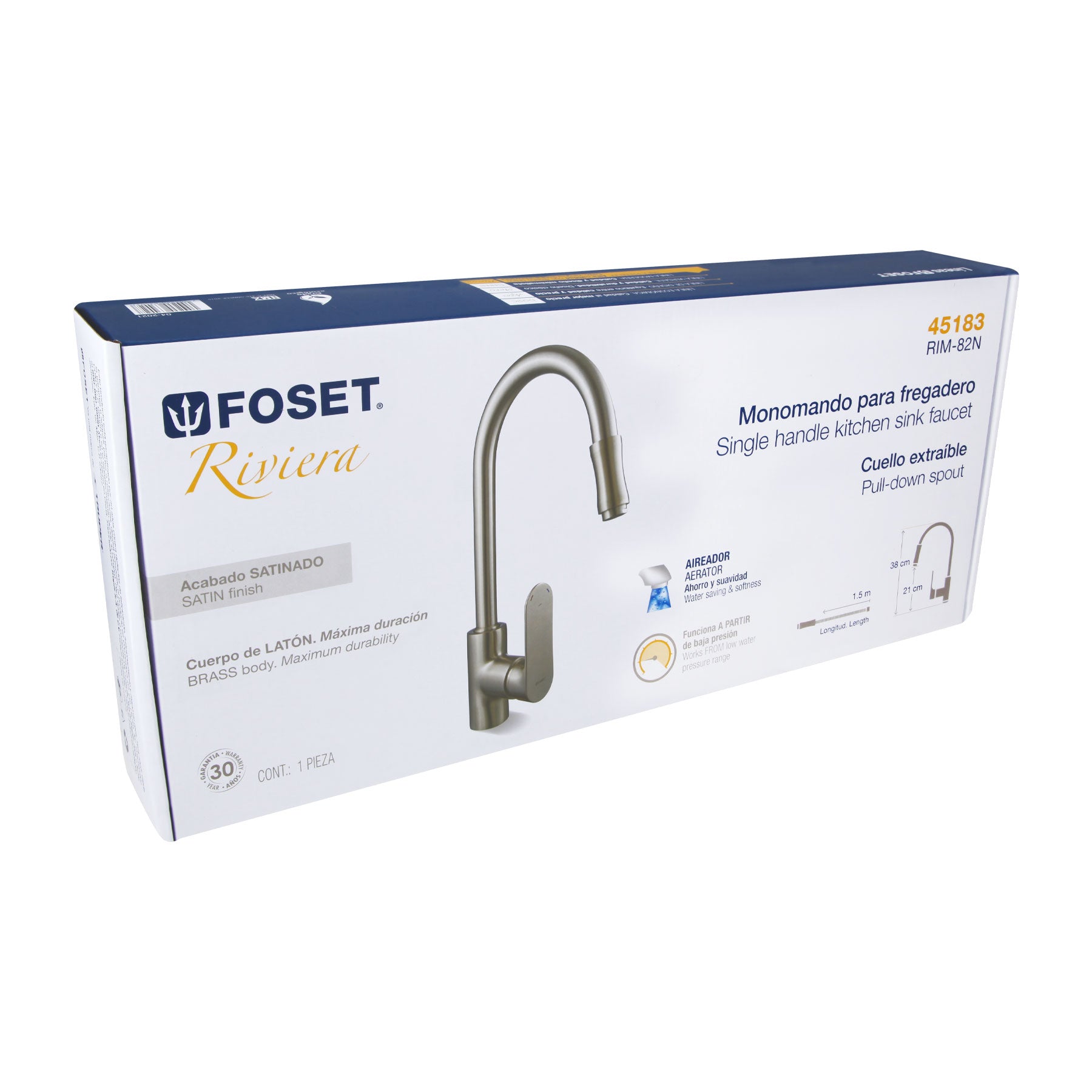 Monomando retráctil para fregadero, satín, Foset RIVIERA