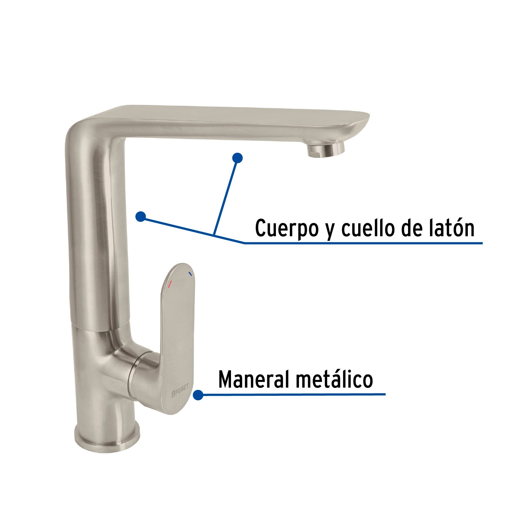 Monomando cuello alto para fregadero, satín, Foset RIVIERA