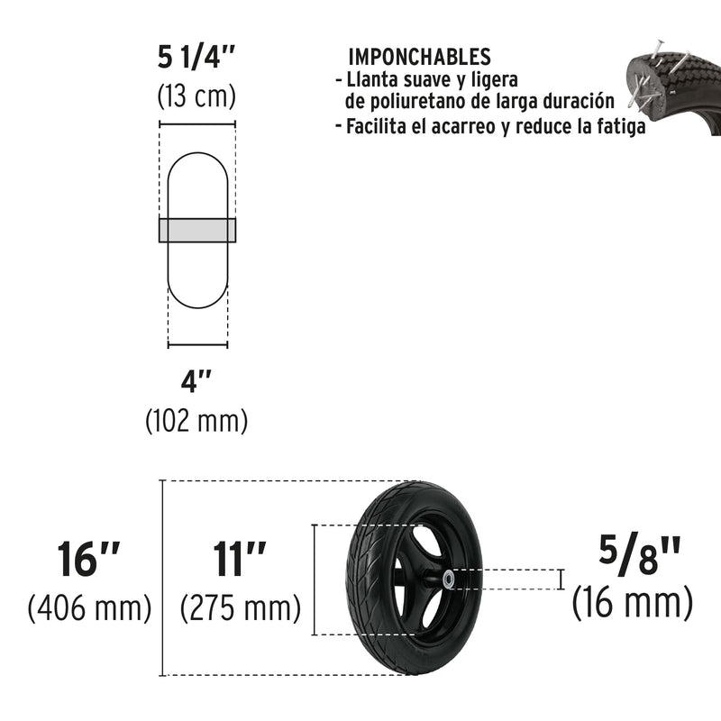 Llanta completa imponchable 16",  incluye eje y baleros