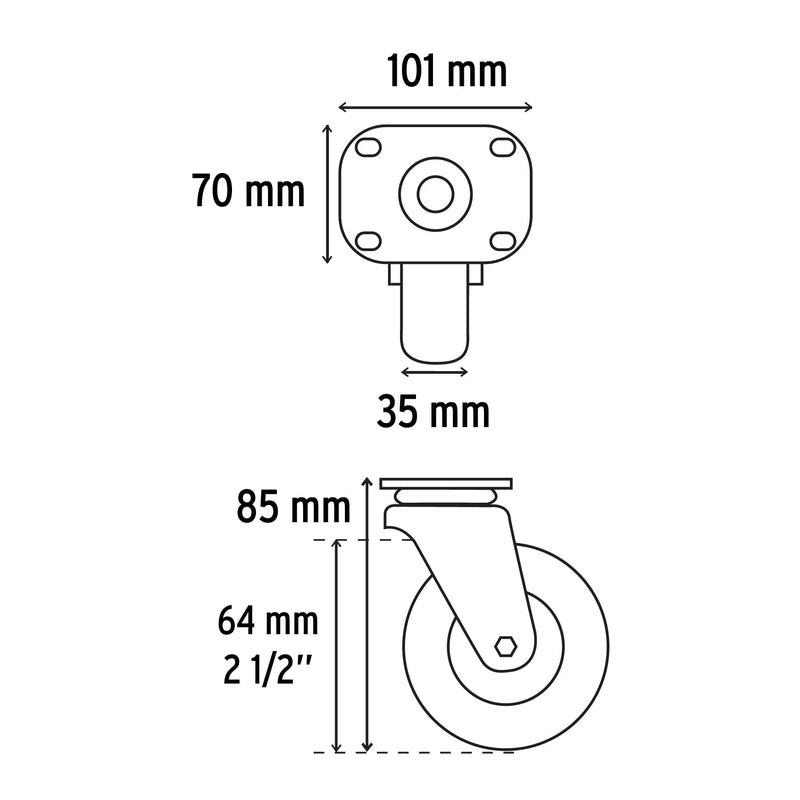 Rodaja hule 2-1/2",  placa giratoria con buje,  carga 60 kg