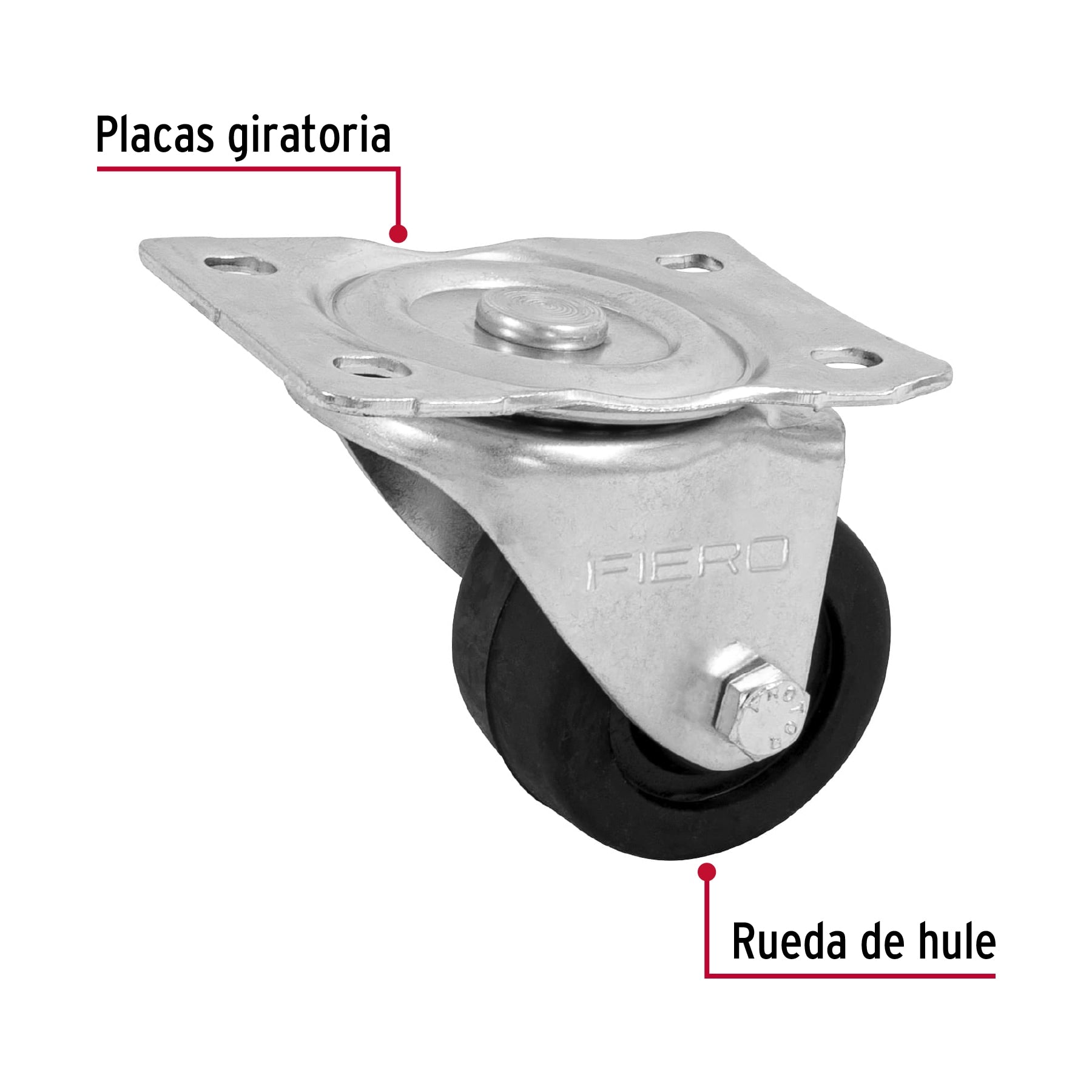 Rodaja hule 2-1/2" placa giratoria con buje, carga 50kg, Fiero