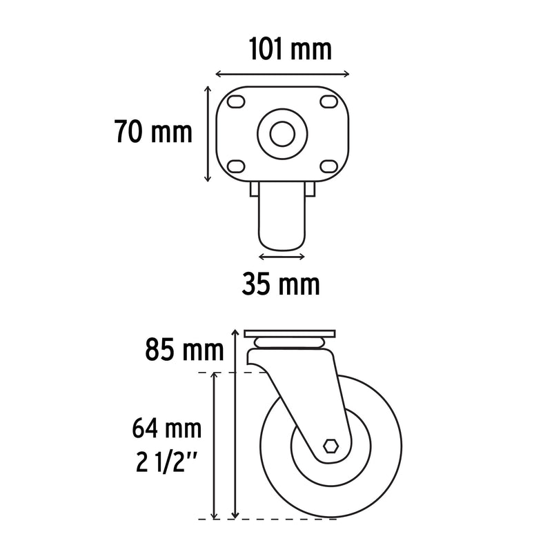 Rodaja hule 2-1/2",  placa giratoria con balero,  carga 80 kg