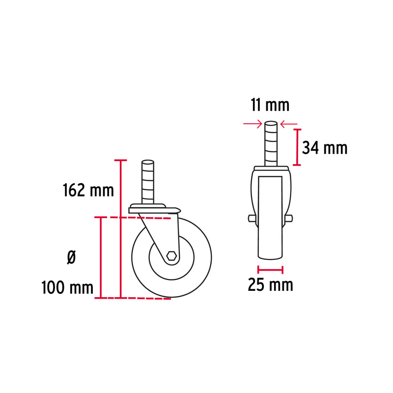Rodaja hule 4" con espiga roscada,  carga 50 kg,  Fiero