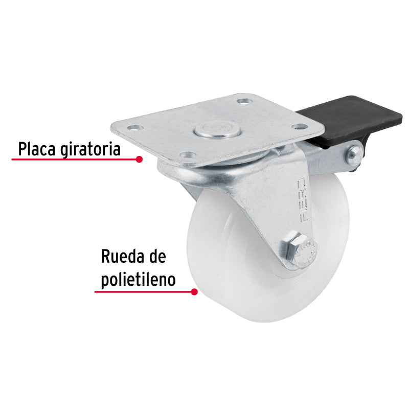 Rodaja†de†polietileno 2-1/2"†placa giratoria,  con freno