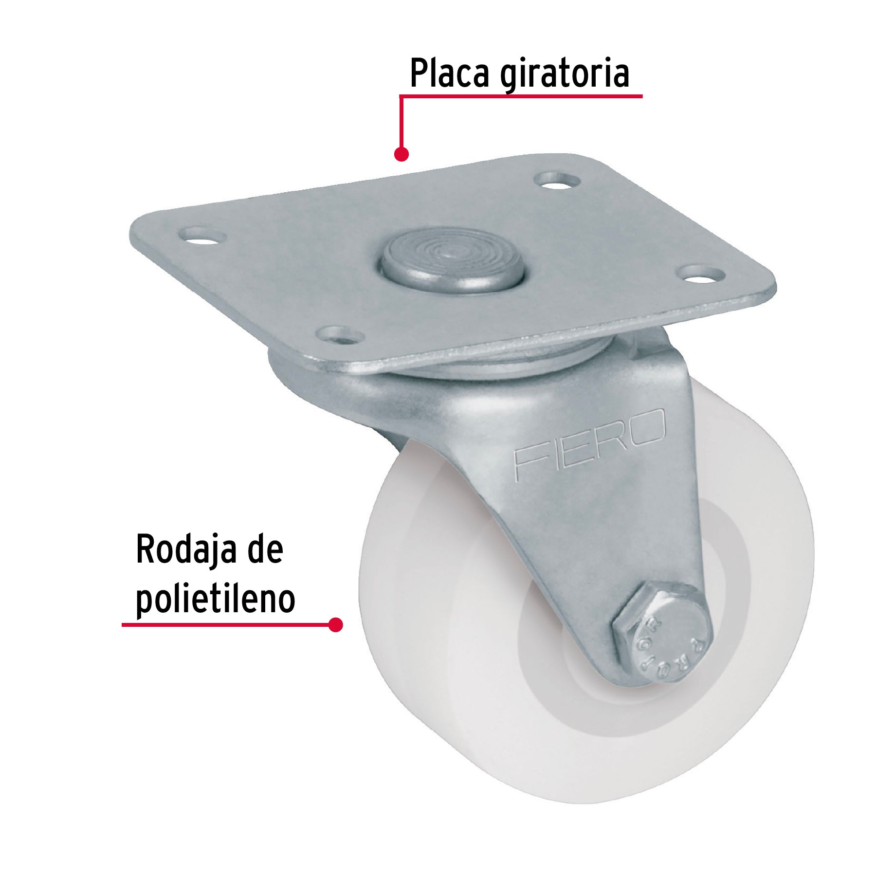 Rodaja de polietileno 2" placa giratoria, con buje, Fiero