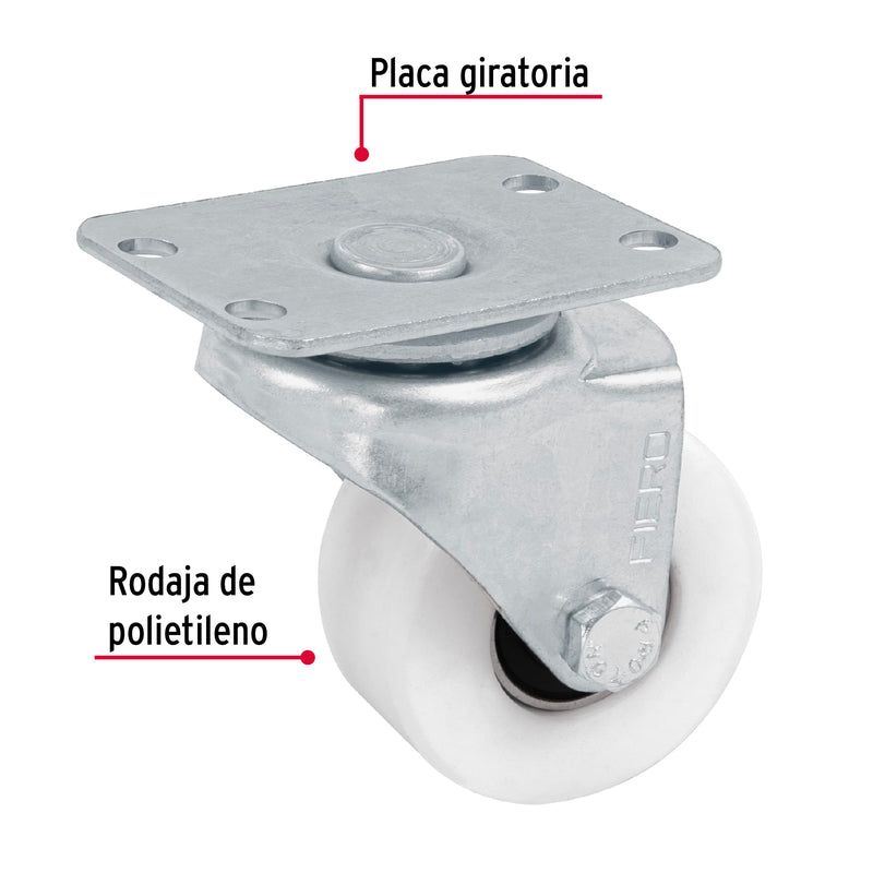 Rodaja†de†polietileno 2"†placa giratoria,  con balero,  Fiero