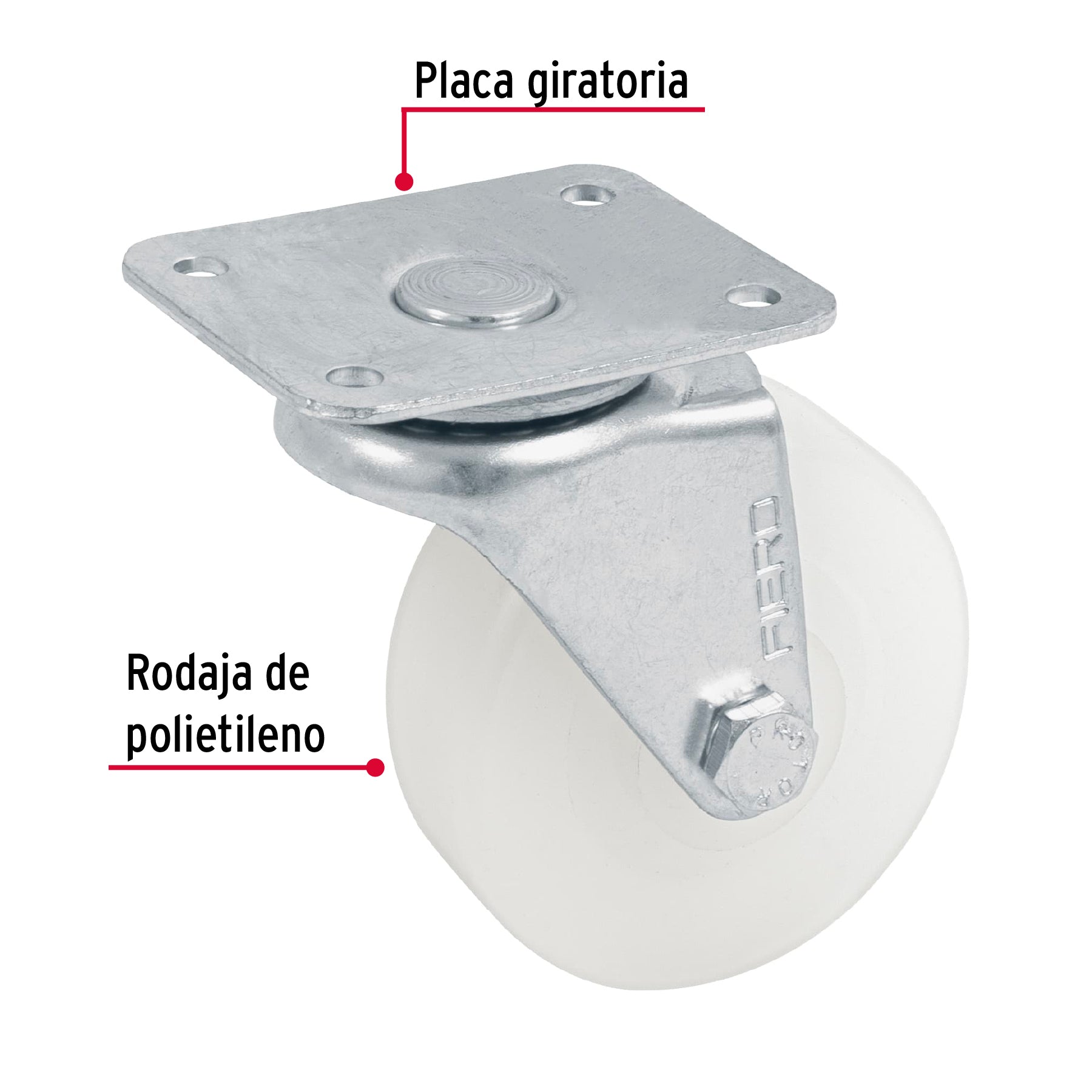 Rodaja de polietileno 2-1/2" placa giratoria con buje, Fiero