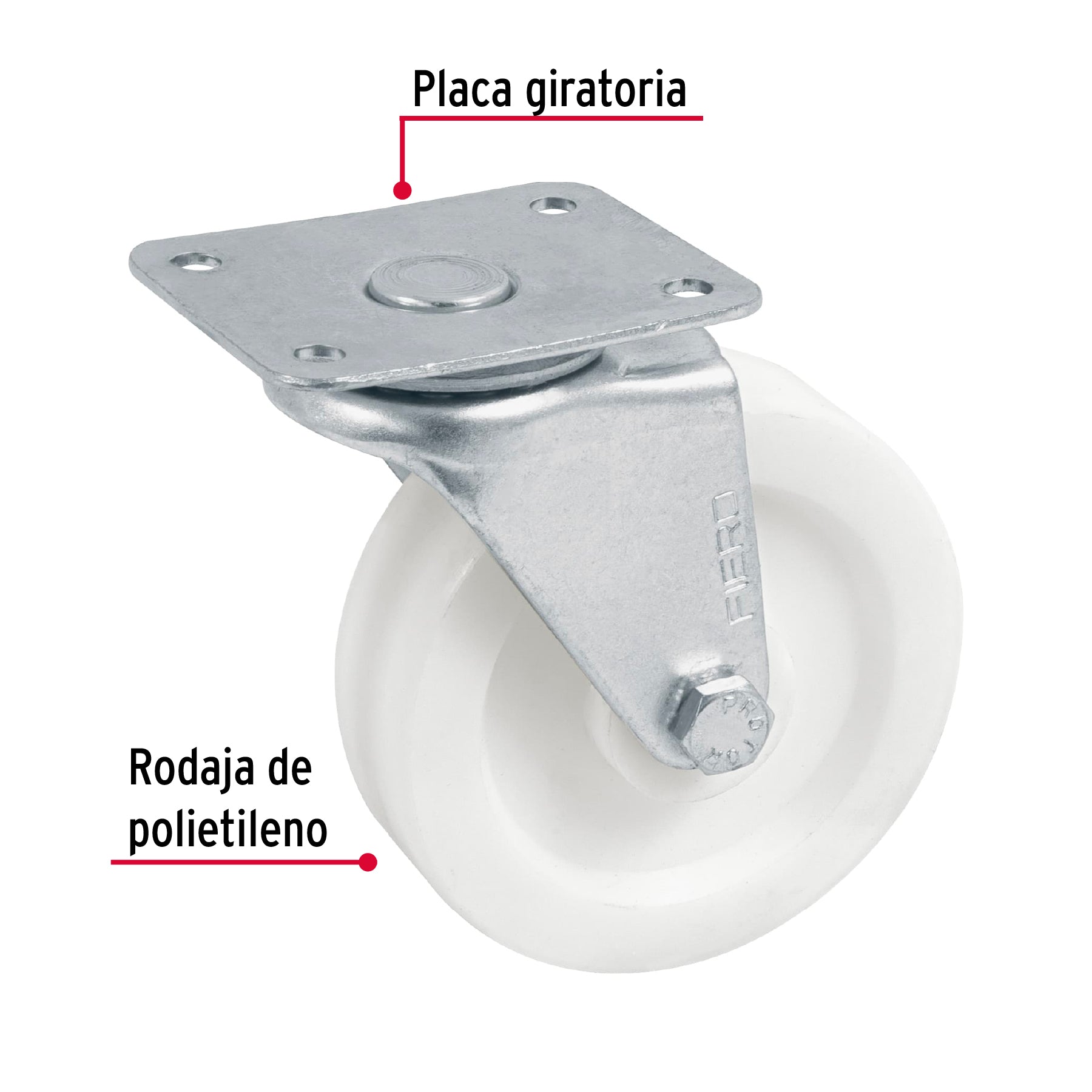 Rodaja de polietileno 3" placa giratoria, con buje, Fiero