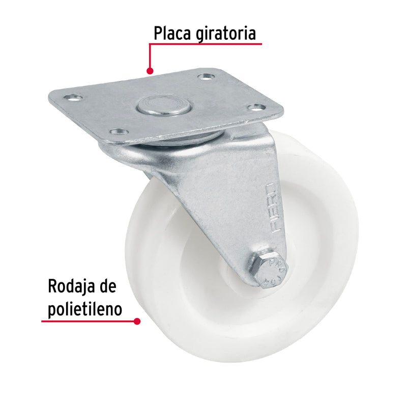 Rodaja†de†polietileno 3"†placa giratoria,  con buje,  Fiero