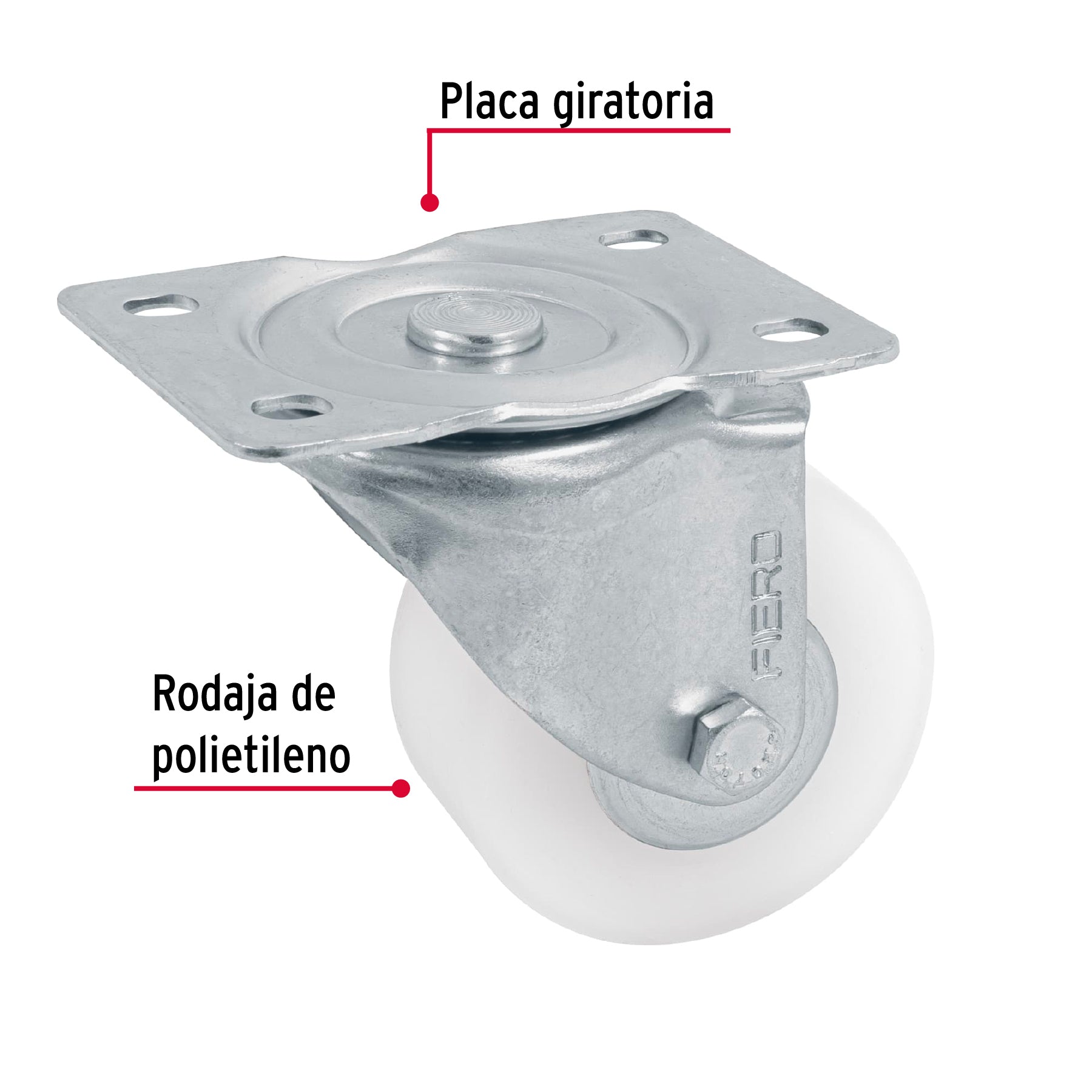 Rodaja de polietileno 3" placa giratoria, con balero, Fiero