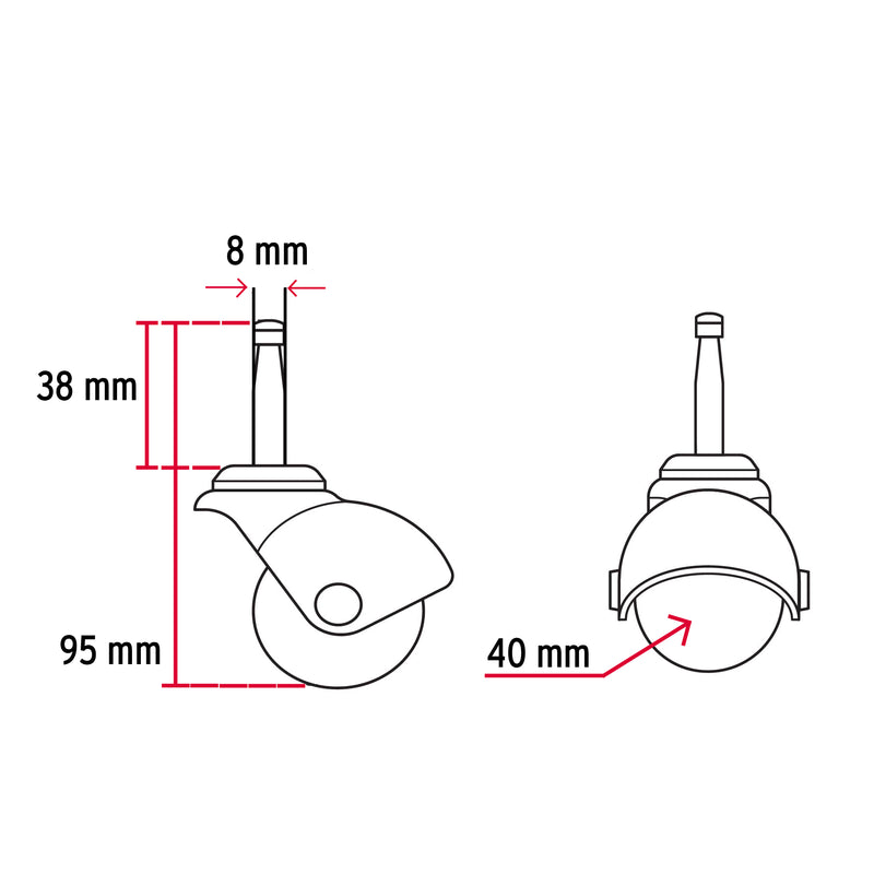 Rodaja esférica,  40 mm con espiga tipo socket,  Fiero