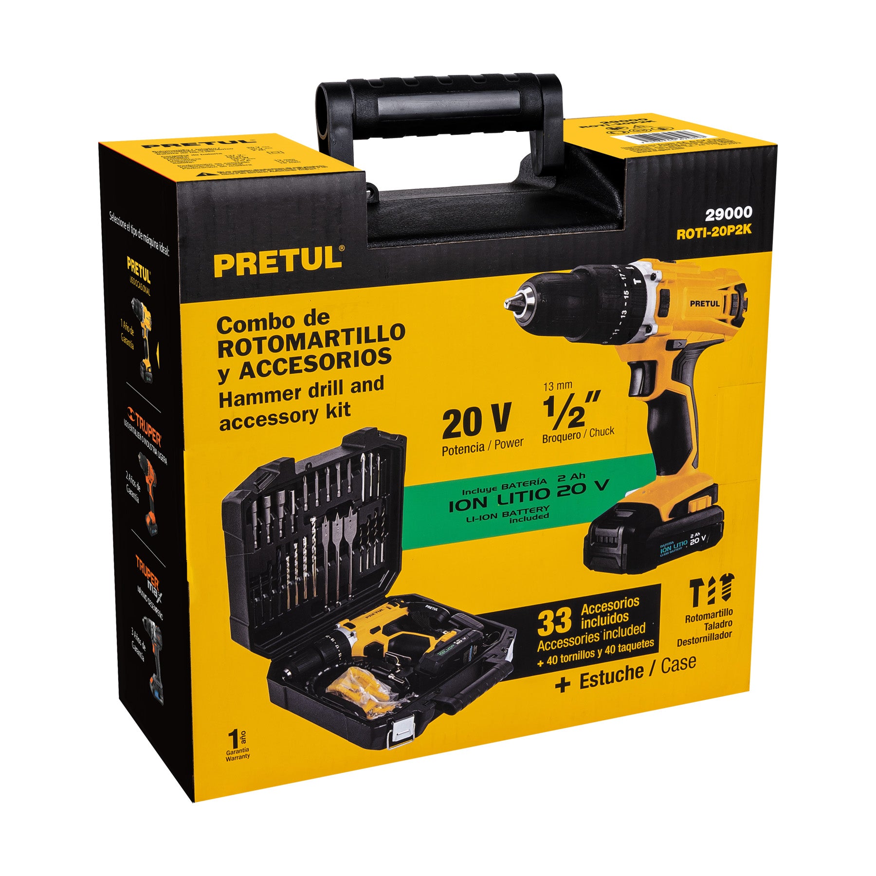 Kit rotomartillo inalámbrico 1/2", 20V, 32 accesorios, Pretul