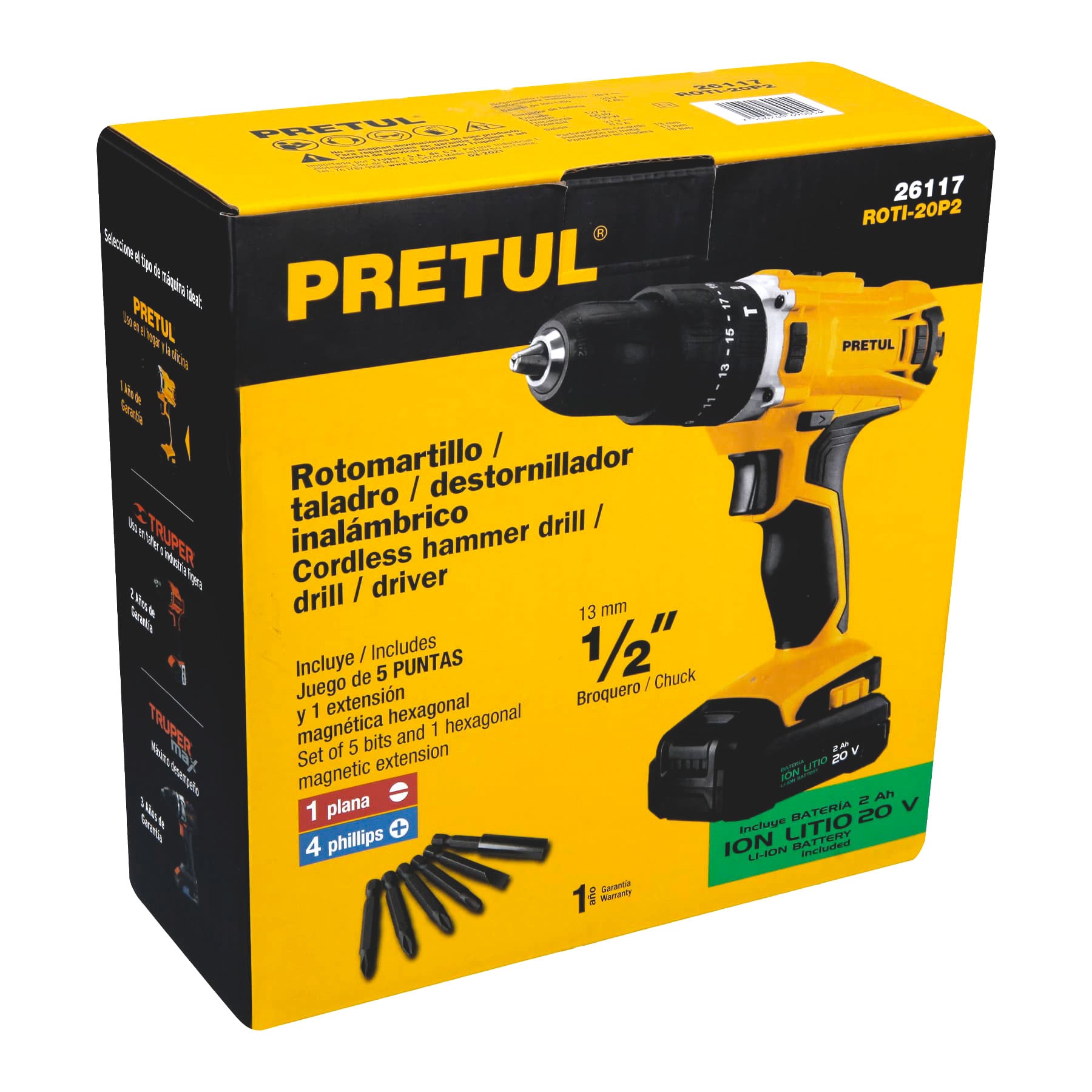 Rotomartillo Inalámbrico 1/2", 20V, 1 batería 2Ah, Pretul