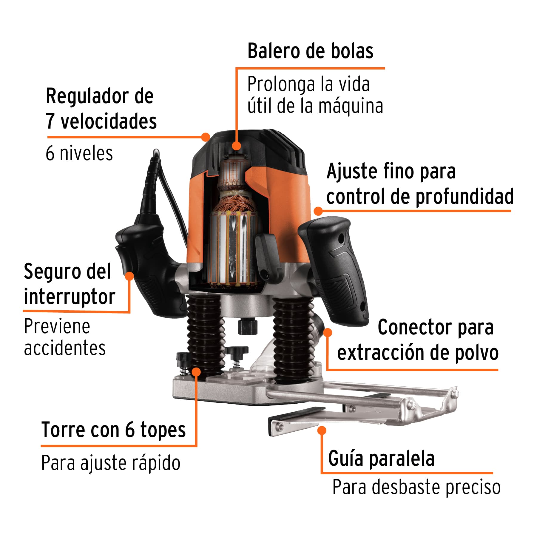 Router 1,200W, 1-3/4 HP, Truper PRO