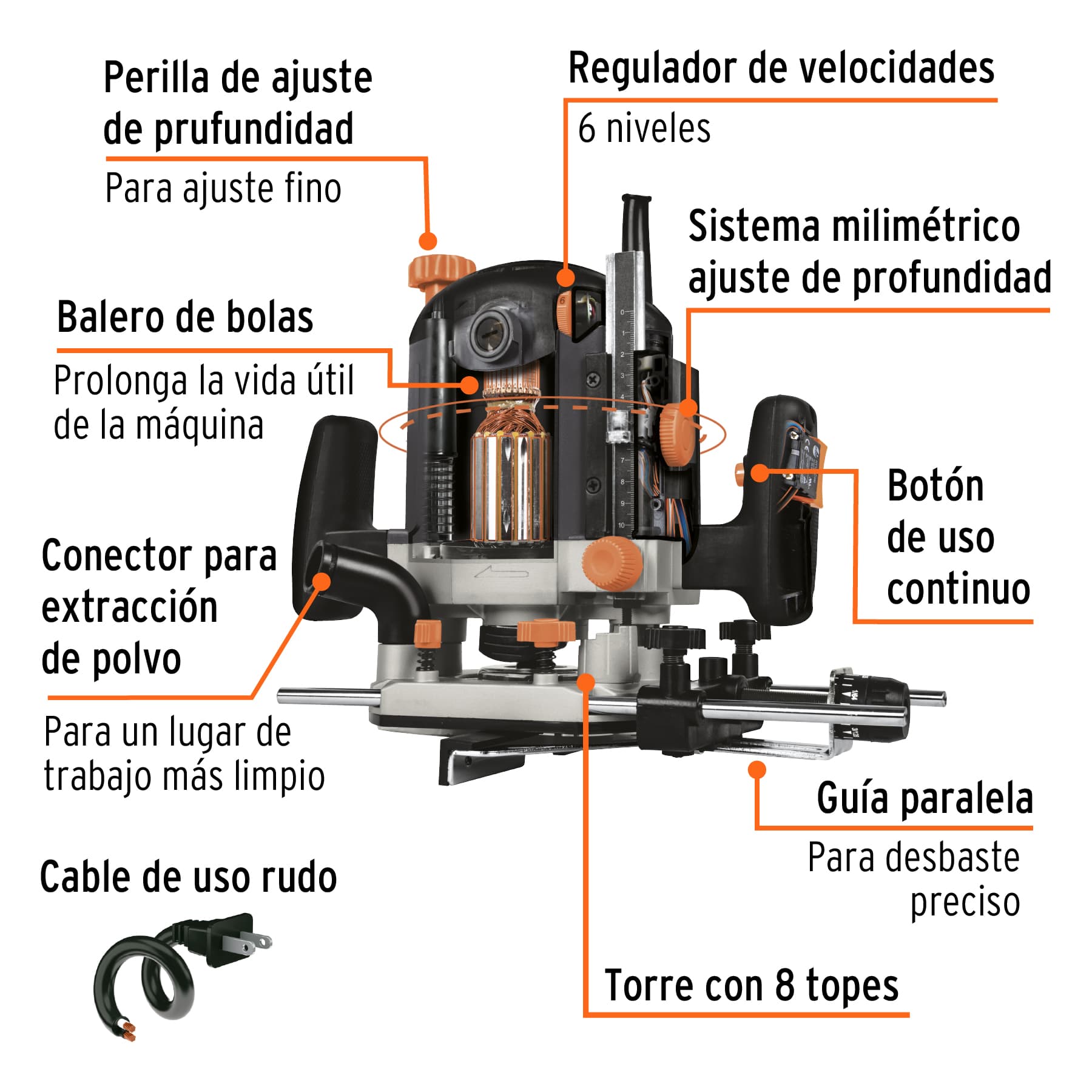 Router 1,200W, 1-3/4 HP, Truper industrial