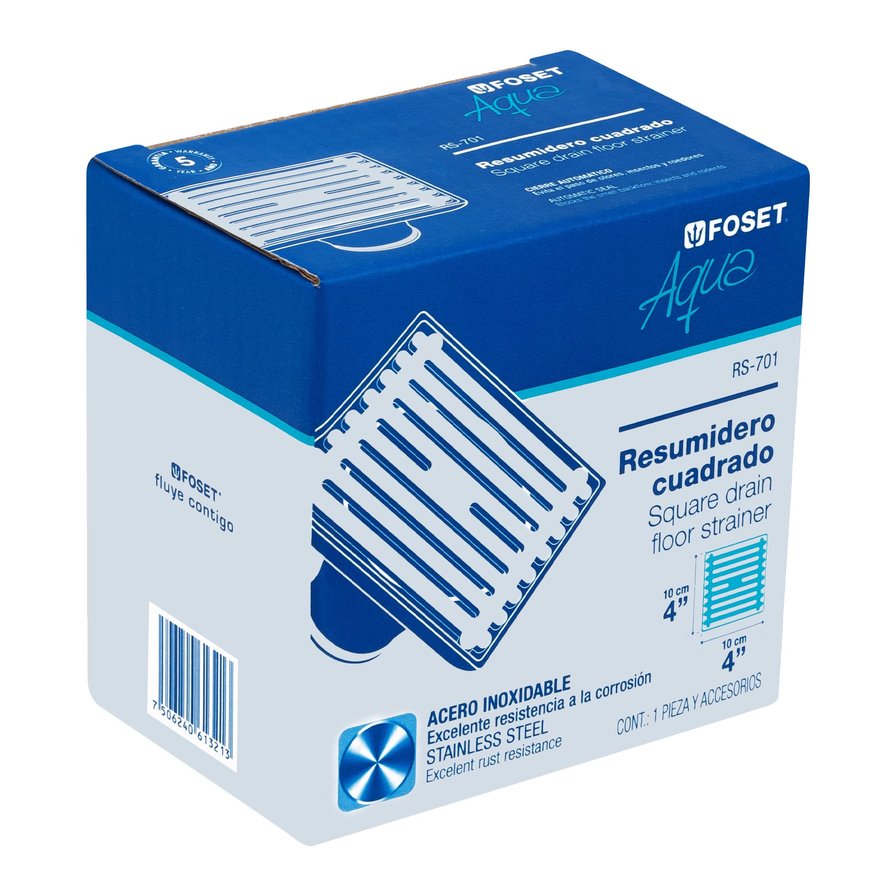 Resumidero cuadrado de acero inoxidable 4" x 4", Foset