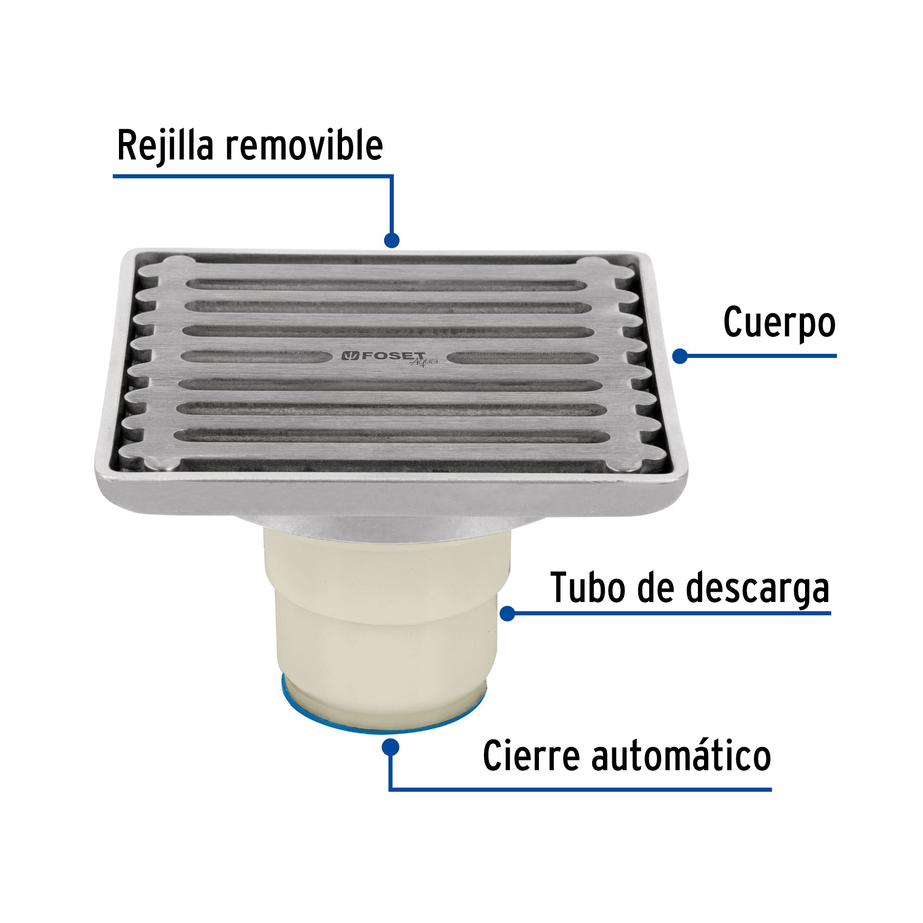 Resumidero cuadrado de acero inoxidable 4" x 4", Foset