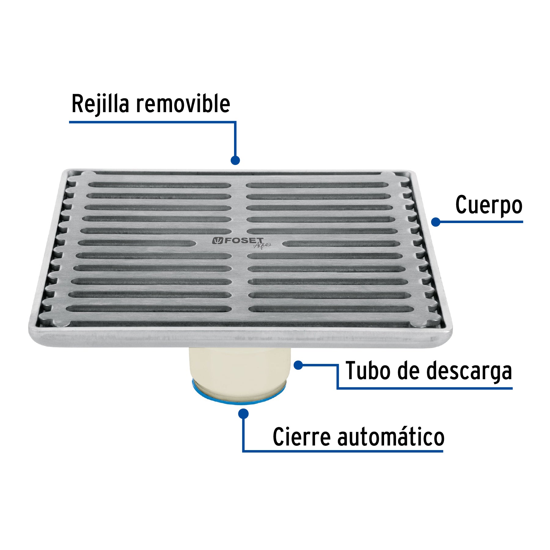 Resumidero cuadrado de acero inoxidable 6" x 6", Foset