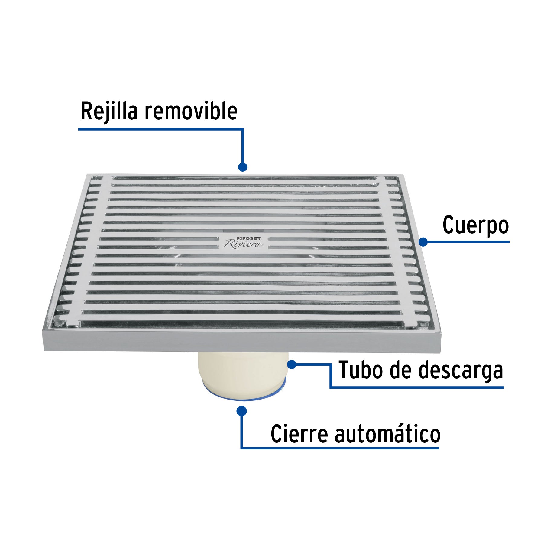 Resumidero cuadrado de latón 6" x 6", Foset