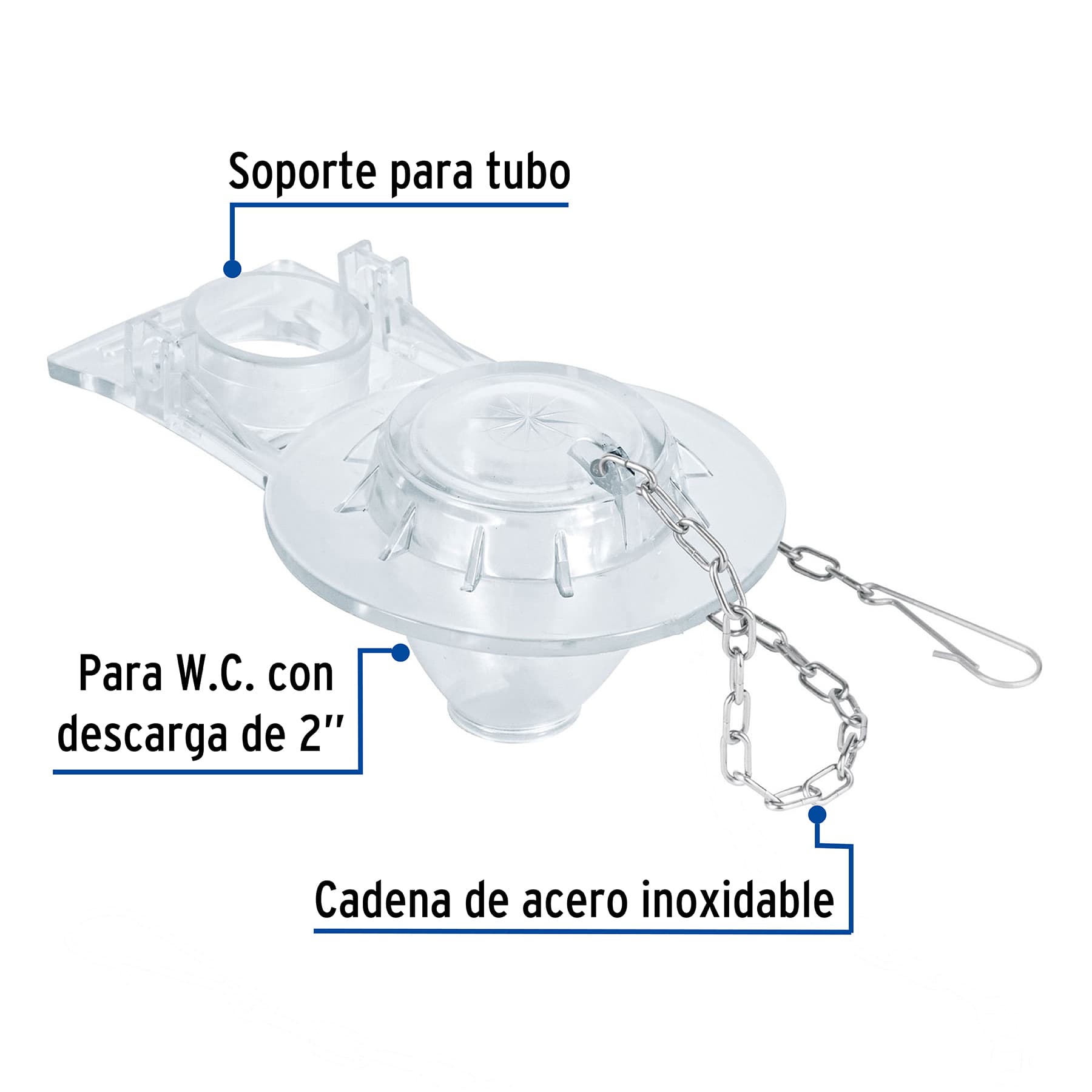 Sapo 2" para WC, PVC, trasparente, cadena inoxidable Foset