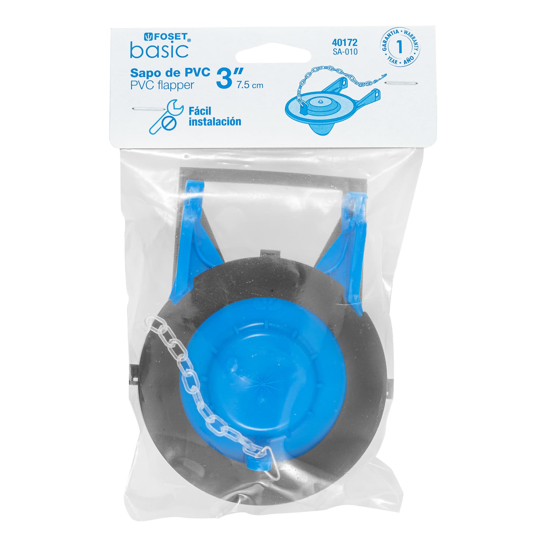 Sapo 3" para WC, PVC, azul, cadena plástica, Foset